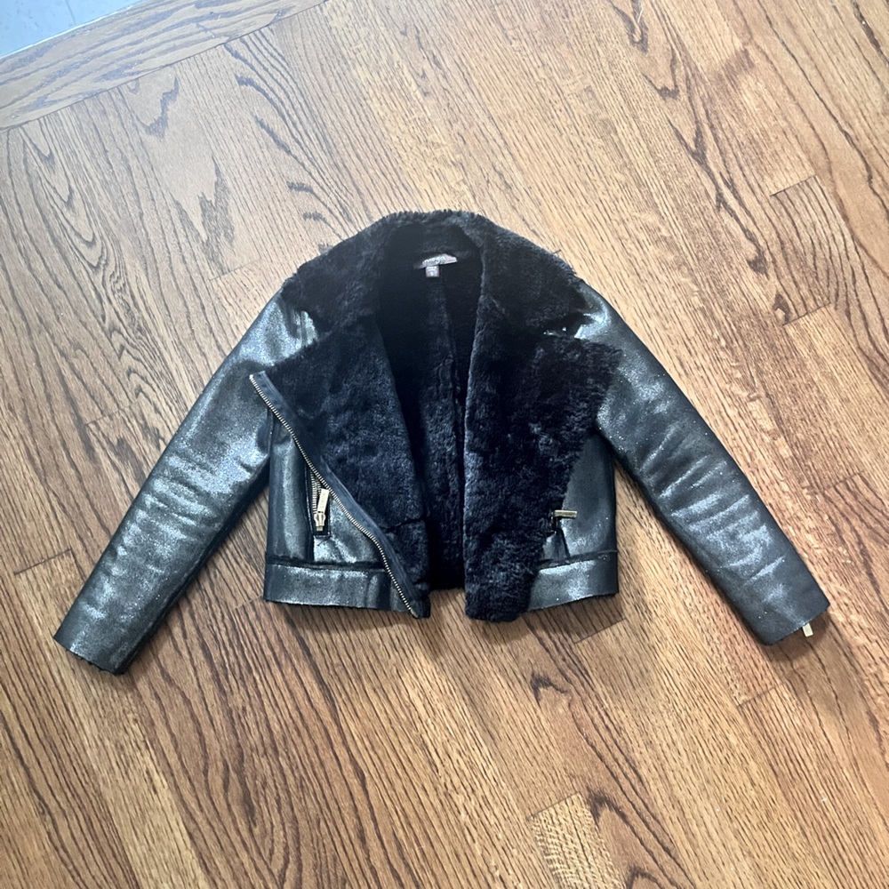 Imoga Black Shimmer Faux Fur Moto Jacket $175 retail Worn twice LIKE NEW